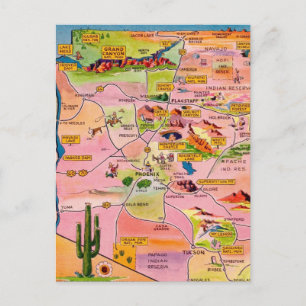 Colorful Illustrated Arizona Map Postcard