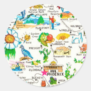 Colorful Illustrated Arizona Map Postcard Classic Round Sticker