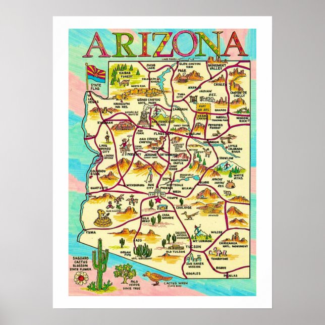 Colorful Illustrated Arizona Map Print (Front)