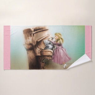 Colorful illustrated bath towl - Piano Girl Towel