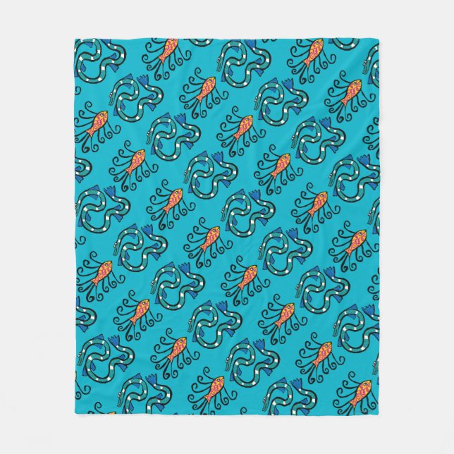 Colorful Illustrated Fish Friends Fleece Blanket (Front)