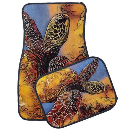 Colorful Illustrated Sea Turtle _ Car Mats