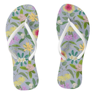 Colorful Illustrated Tropical Flowers Pattern Flip Flops