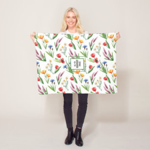 Colorful Illustrated Wildflowers Pattern Fleece Blanket