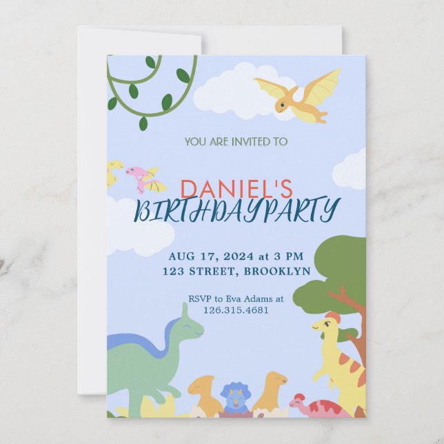 Colorful Illustration Cute Dinosaur Birthday Invitation (Front)