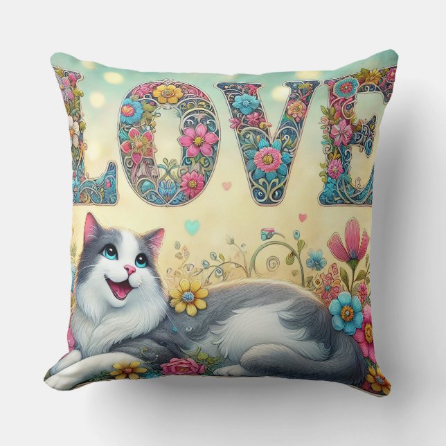 Colorful Illustration of a Cat Throw Pillow (Front)