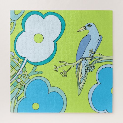 Colorful Illustration of Bird Flowers Tree Jigsaw Puzzle
