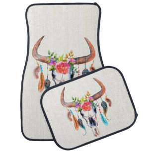 Colorful Illustration Of Bull Skull With Horns Car Mat