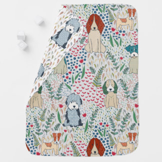 Colorful illustration of dogs with textured patter baby blanket