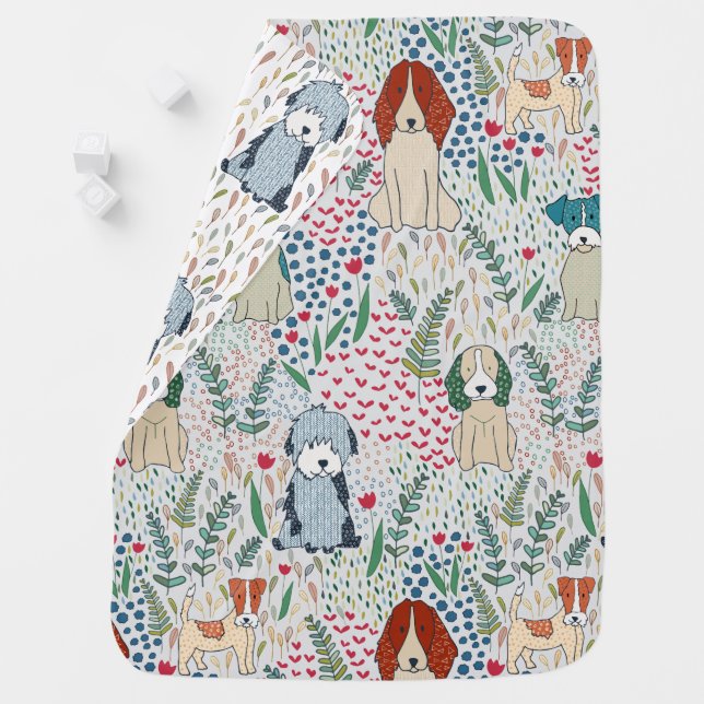 Colorful illustration of dogs with textured patter baby blanket (In Situ)