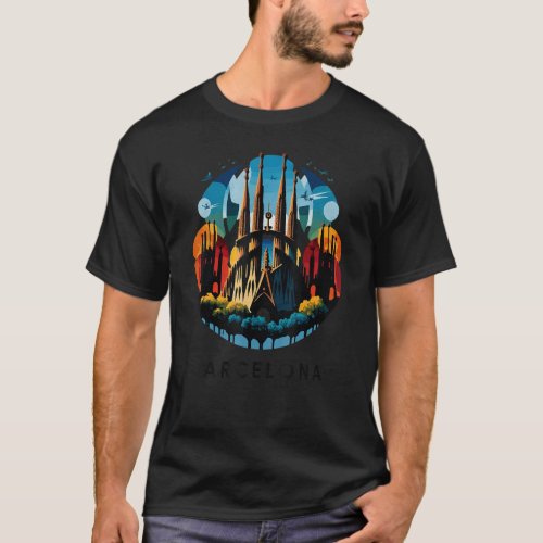 Colorful Illustration Of The Sagrada Familia In Ba T_Shirt