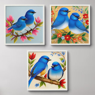 Colorful Illustration of Two Blue Birds Peel And Stick Photo Tile