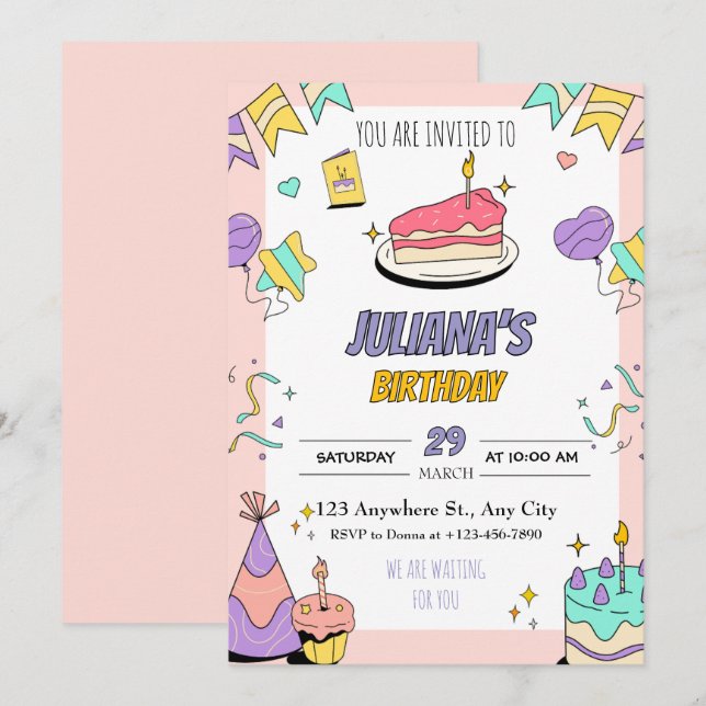 Colorful Illustrative Birthday Party Invitation (Front/Back)