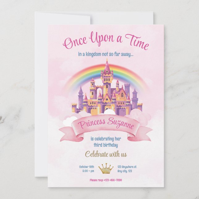 Colorful Illustrative Princess Birthday Party Invitation (Front)