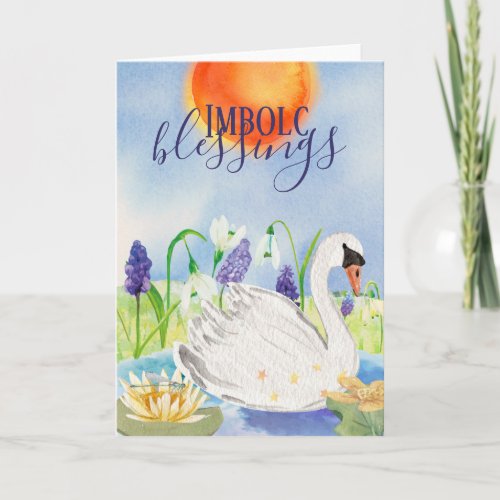 Colorful Imbolc Blessings Swan  Snowdrops Wiccan Card