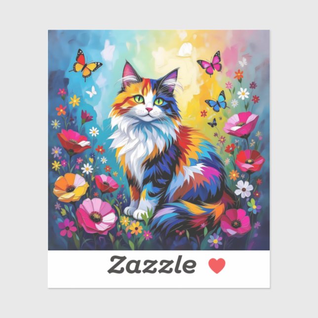 Colorful Impasto Cat, Flowers and Butterflies Sticker (Sheet)
