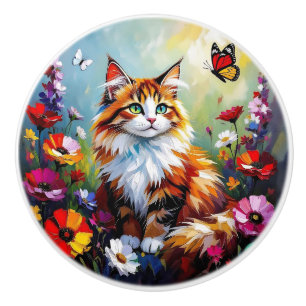 Colorful Impasto Folk Art Cat   Ceramic Knob