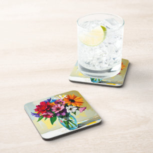 Colorful Impasto Vase of Flowers Beverage Coaster