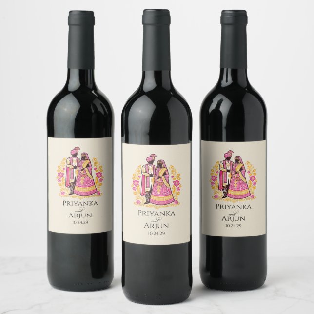 Colorful Indian Couple Wine Label (Bottles)
