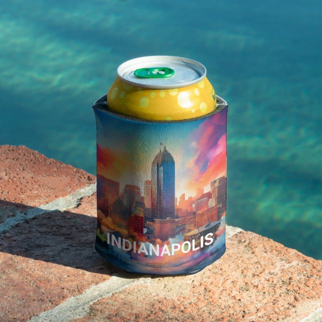 Colorful Indianapolis Skyline Abstract Art Can Cooler (In Situ Pool)