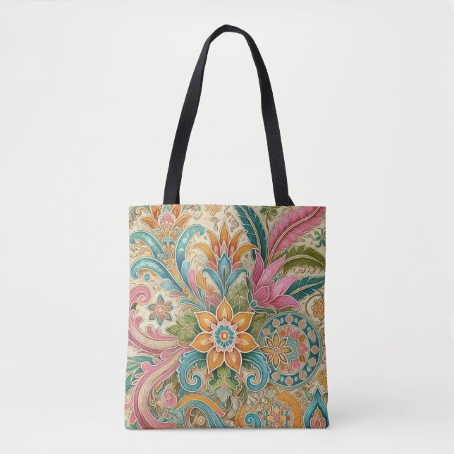 Colorful Indonesian Batik Floral Pattern Tote Bag (Front)
