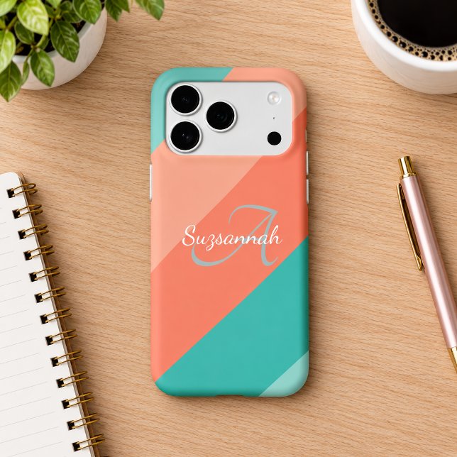 Colorful Initial Letter Monogram & Diagonal Stripe Iphone Case (iPhone 17 with initial monogram and name template on desktop.)