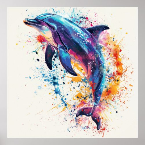 Colorful Ink Splash Art Dolphin Poster
