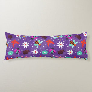 Colorful Insects and Flowers on a Purple Backgroun Body Pillow