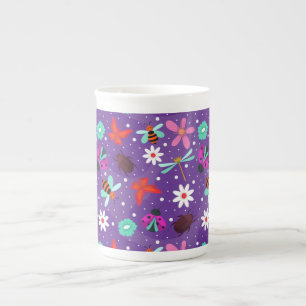 Colorful Insects and Flowers on a Purple Backgroun Bone China Mug