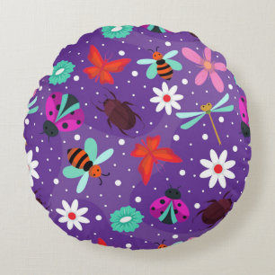 Colorful Insects and Flowers on a Purple Backgroun Round Pillow
