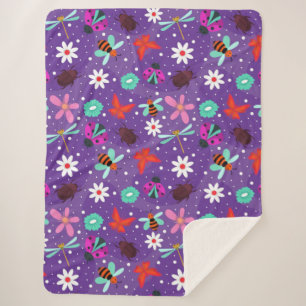 Colorful Insects and Flowers on a Purple Backgroun Sherpa Blanket