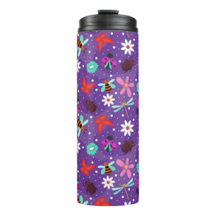 Colorful Insects and Flowers on a Purple Backgroun Thermal Tumbler