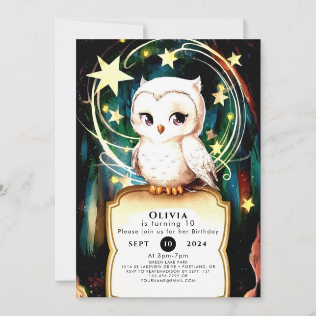Colorful Into the Woods Owl Birthday Invitation (Front)