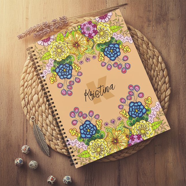 Colorful Intricate Floral Doodle Name & Monogram Notebook (Creator Uploaded)