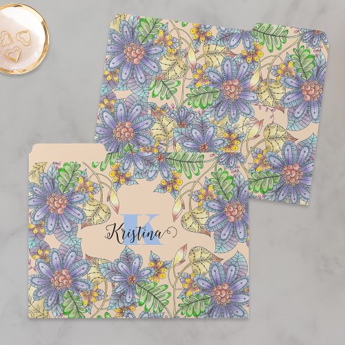 Colorful Intricate Floral Name and Initial Letter File Folder