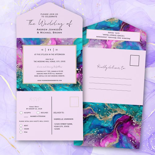 Colorful iridescent Abstract Art Fluid Wedding  All In One Invitation