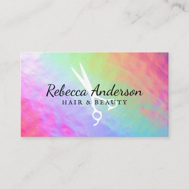 Colorful Iridescent Background | Salon Scissors Business Card (Front)