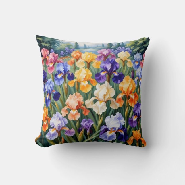 Colorful iris garden throw pillow (Front)
