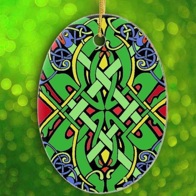 Colorful Irish Celtic Knot Ceramic Ornament (Irish Celtic Knot design intertwined loops in green blue yellow and red on hanging ornament.)