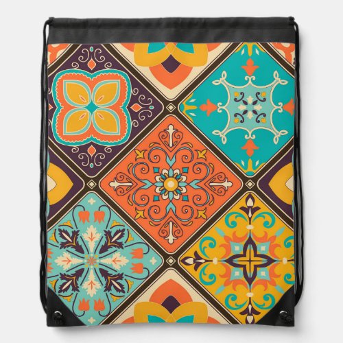 Colorful Islamic_inspired patchwork tile Drawstring Bag