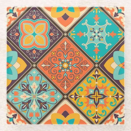 Colorful Islamic_inspired patchwork tile Glass Coaster