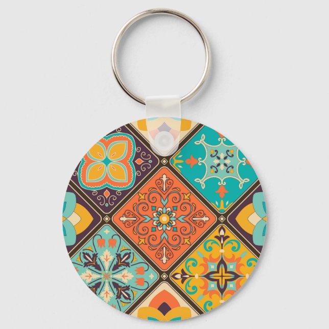 Colorful Islamic-inspired patchwork tile. Keychain (Front)
