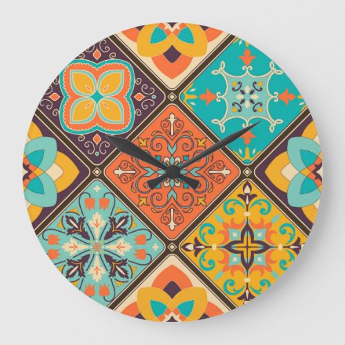 Colorful Islamic_inspired patchwork tile Large Clock