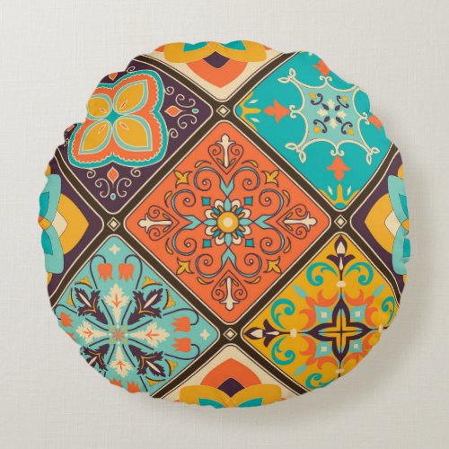 Colorful Islamic_inspired patchwork tile Round Pillow