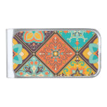 Colorful Islamic-inspired patchwork tile. Silver Finish Money Clip