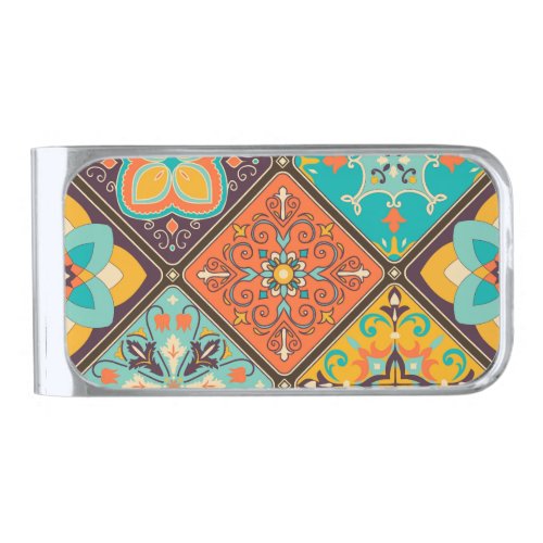 Colorful Islamic_inspired patchwork tile Silver Finish Money Clip