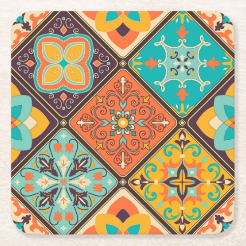 Colorful Islamic_inspired patchwork tile Square Paper Coaster