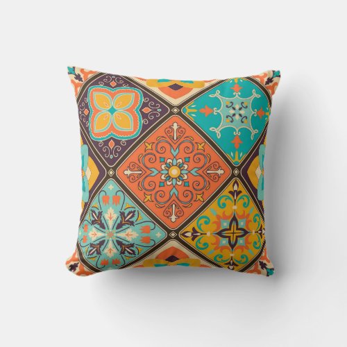 Colorful Islamic_inspired patchwork tile Throw Pillow