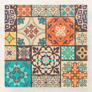 Colorful Islamic Patchwork: Vintage Tile. Glass Coaster