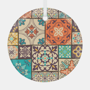 Colorful Islamic Patchwork: Vintage Tile. Glass Ornament